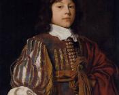 约翰内斯 梅滕斯 : Portrait of a young gentleman in a burgundy doublet with slashed sleeves